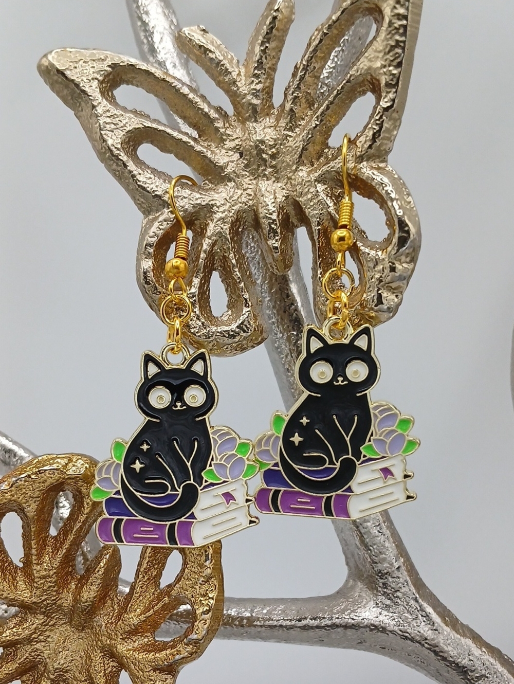 Black Cat Enamel Earrings with Purple Book Accent
